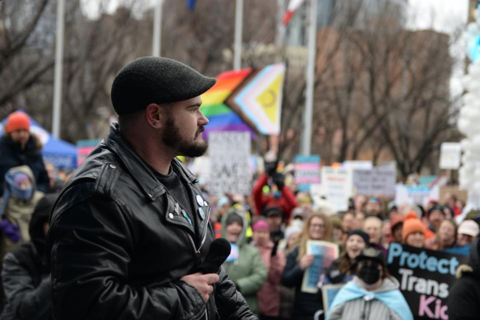 James Demers at the protest in Calgary in front of city hall. Over a thousand people attended.