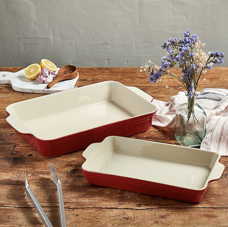 Our Table 2-Piece Stoneware Rectangular Bakers Set in red on table