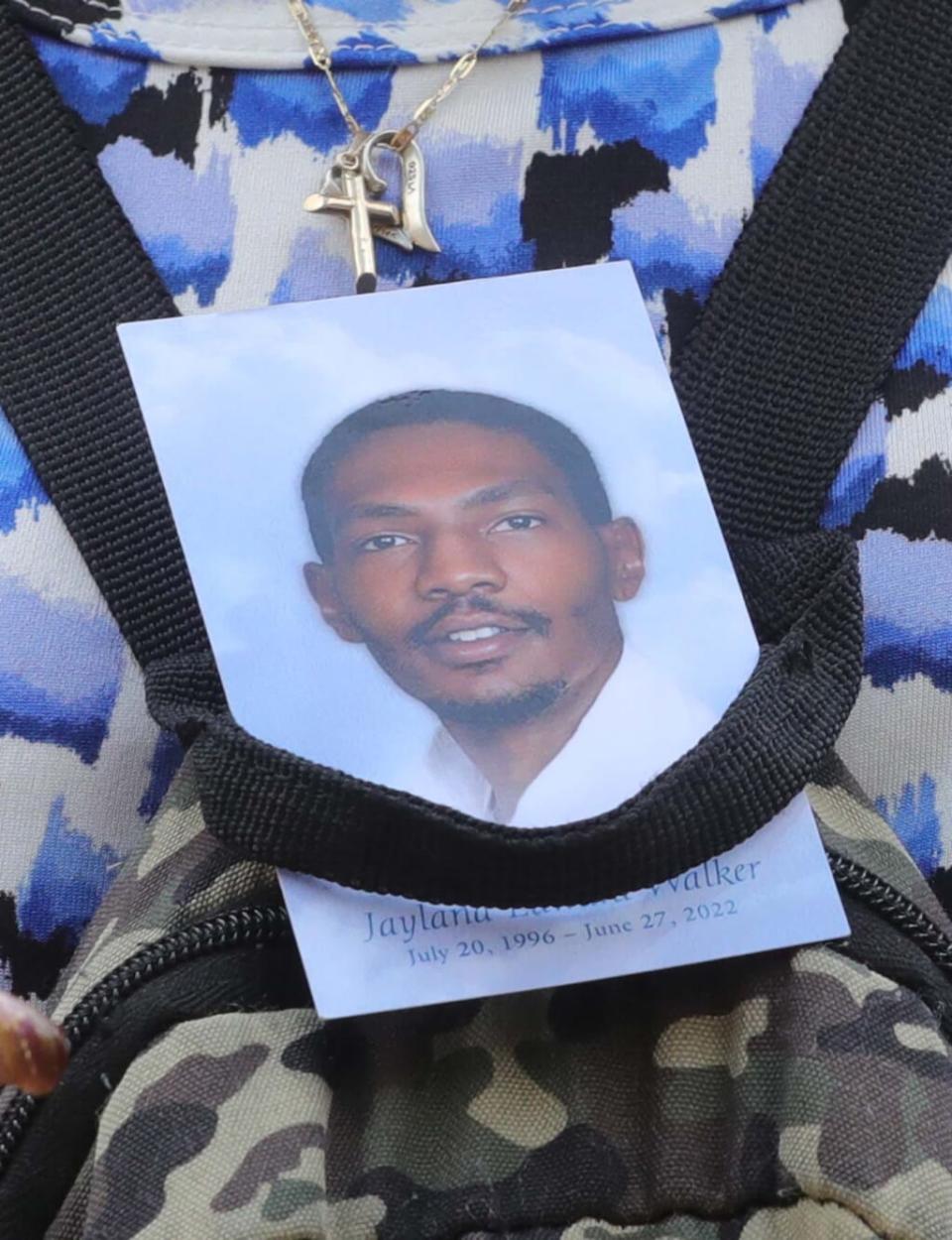 A mourner leaves the calling hours for Jayland Walker at the Civic Theatre on Wednesday, July 13, 2022 in Akron, Ohio. (Photo credit: Phil Masturzo/USA TODAY NETWORK)