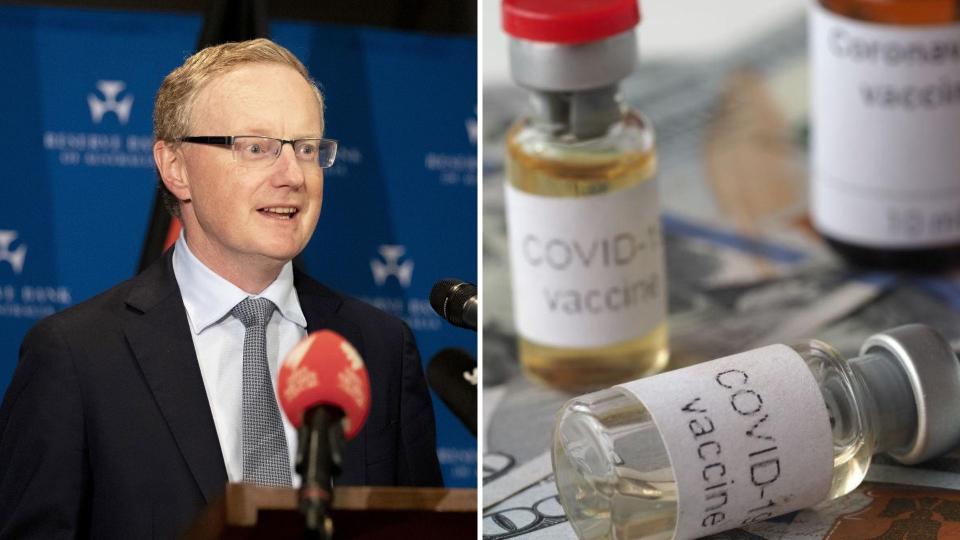 Reserve Bank of Australia governor Philip Lowe on the left and bottles labelled "Covid-19 vaccine" on the right.