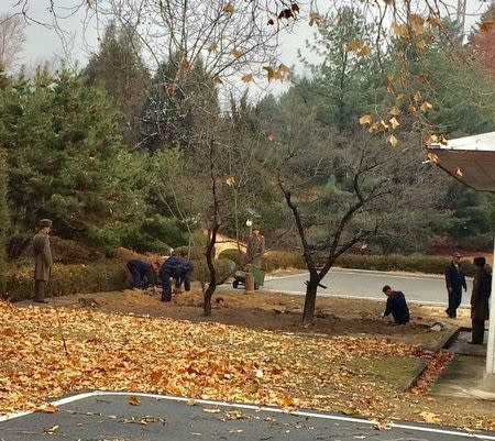 North Korean soldiers dig a trench and plant trees in the area where, on November 13, a defector ran across the border at the Demilitarized Zone (DMZ) dividing North Korea and South Korea November 22, 2017. Picture taken November 22, 2017. Handout via REUTERS