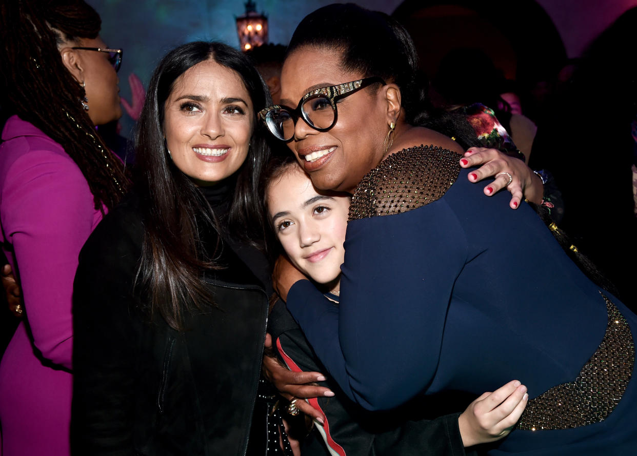 LOS ANGELES, CA - FEBRUARY 26:  (L-R) Actor Salma Hayek, Valentina Paloma Pinault and actor Oprah Winfrey at the world premiere of Disney’s 'A Wrinkle in Time' at the El Capitan Theatre in Hollywood CA, Feburary 26, 2018.  (Photo by Alberto E. Rodriguez/Getty Images for Disney)