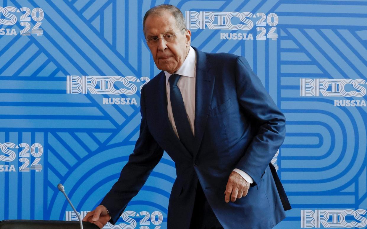 Russia's foreign minister Sergei Lavrov attends a press conference on the sidelines of a meeting of foreign ministers of the BRICS group of nations