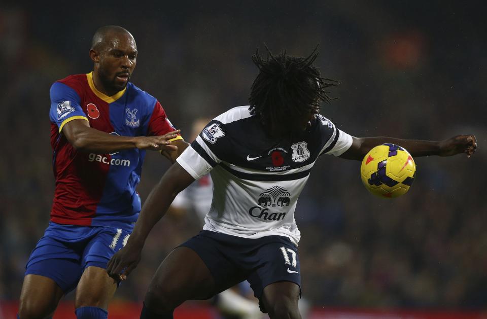 Crystal Palace's Danny Gabbidon (L) challenges Everton's Romelu Lukaku during their English Premier League soccer match at Selhurst Park in London, November 9, 2013.