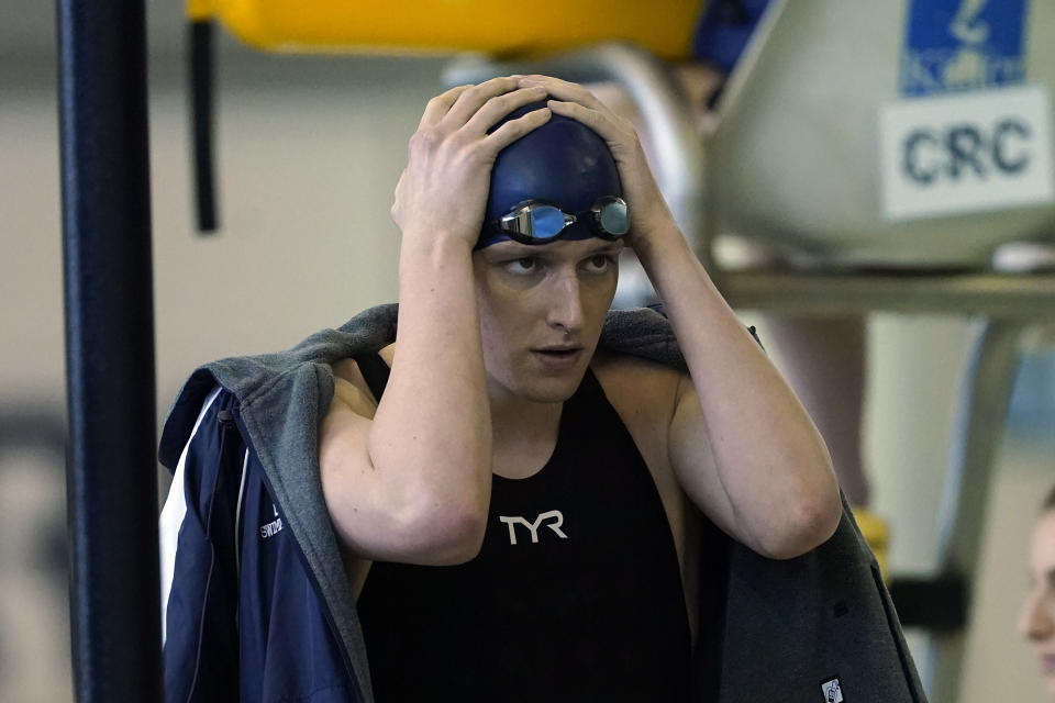 Pennsylvania's Lia Thomas waits for a preliminary heat in the Women's NCAA 500-yard freestyle swimming championship start Thursday, March 17, 2022, in at Georgia Tech in Atlanta. (AP Photo/John Bazemore)