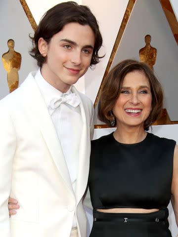 <p>Dan MacMedan/WireImage</p> Timothee Chalamet and Nicole Flender attend the 90th Annual Academy Awards on March 4, 2018 in Hollywood, California.