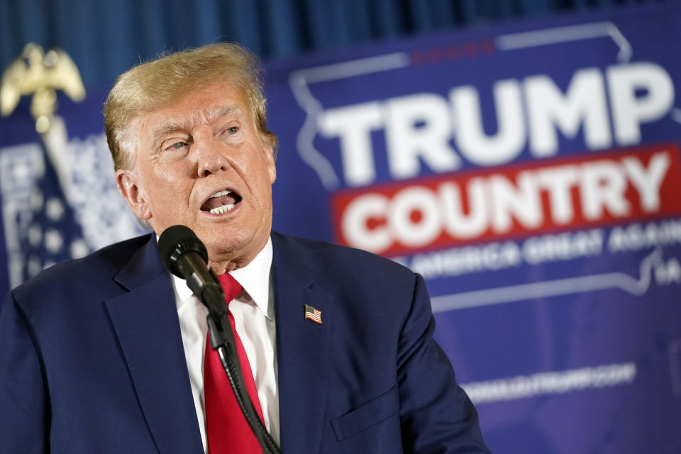 Former President Donald Trump speaks at a campaign rally at Terrace View Event Center in Sioux Center, Iowa, Friday, Jan. 5, 2024. (AP Photo/Andrew Harnik)