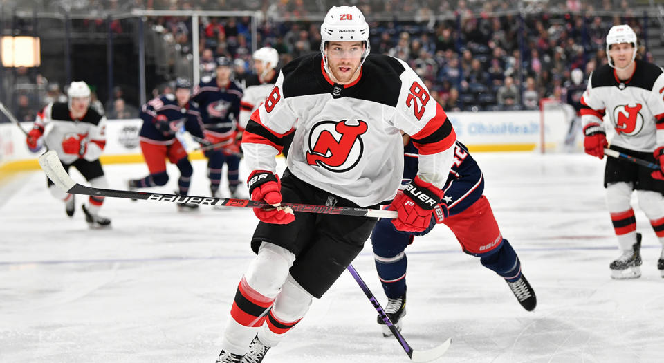 COLUMBUS, OH - DECEMBER 21: Damon Severson #28 of the New Jersey Devils skates against the Columbus Blue Jackets on December 21, 2019 at Nationwide Arena in Columbus, Ohio. (Photo by Jamie Sabau/NHLI via Getty Images) 