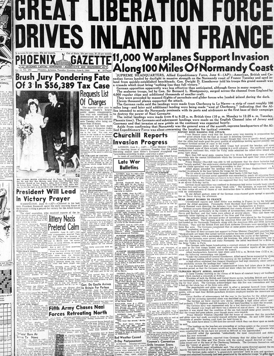 The front page of the Phoenix Gazette from June 6, 1944.