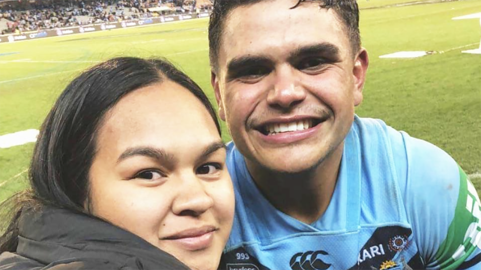 Latrell Mitchell's partner Brielle Mercy is pictured with the NRL star at State of Origin.