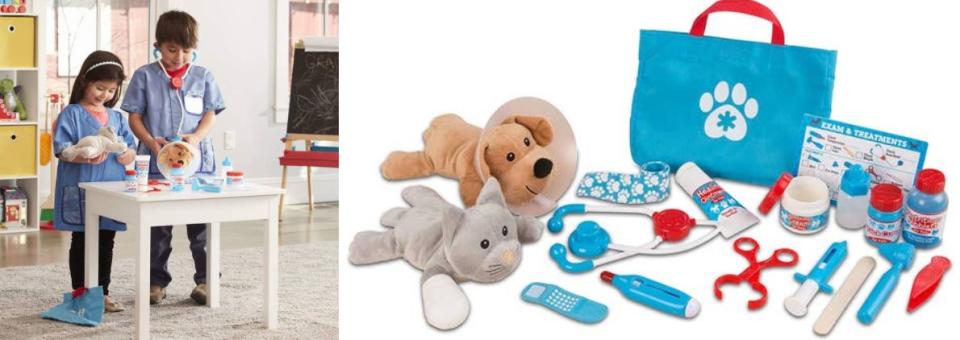 Help your toddler develop some serious empathy skills while taking care of a plush dog and cat with a toy stethoscope, thermometer, syringe, ear scope, tweezers, clamp, cast, bandages and, of course, the cone of shame.<br /><br /><strong>Promising review:</strong> "My 2-and-a-half-year-old has not stopped playing with this since Christmas morning, definitely a favorite gift. I love the bag for all the storage of small parts! <strong>This toy teaches curiosity, compassion, fine motor skills and so much more.</strong> I love Melissa &amp; Doug toys and this one does not disappoint. My child is now playing doctor and caring for her animals (and dolls, and everyone else) and asking really great questions as a result. You won't be disappointed in this purchase!" &mdash; <a href="https://amzn.to/3awYaSp" target="_blank" rel="noopener noreferrer">Kayla Phillips</a>﻿<br /><strong><br />Get it from Amazon for <a href="https://amzn.to/3awYaSp" target="_blank" rel="noopener noreferrer">$26.99</a>.</strong>