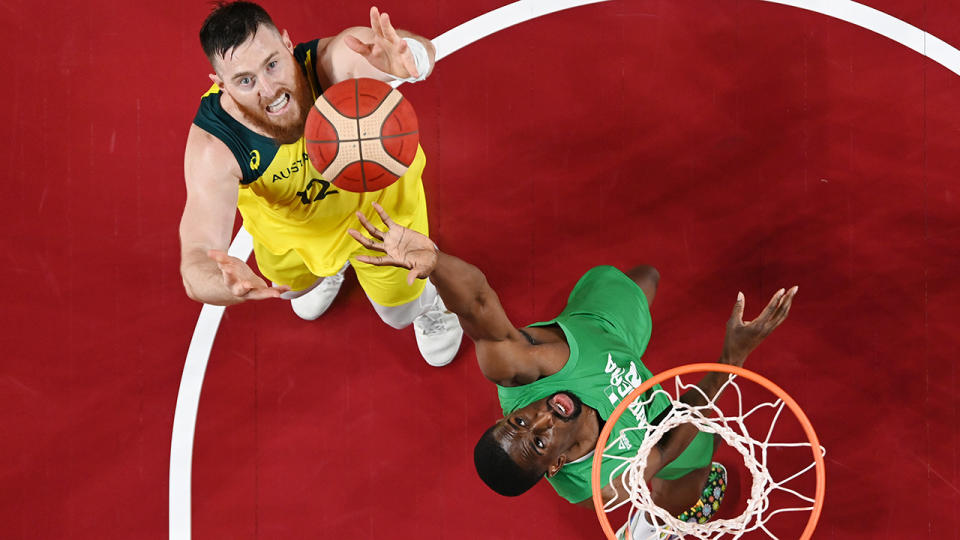 Aron Baynes, pictured here in action for Australia against Nigeria at the Olympics. 