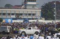 Pope Francis on the popemobile arrives at Ndolo airport where he will preside over the Holy Mass in Kinshasa, Congo, Wednesday Feb. 1, 2023. Francis is in Congo and South Sudan for a six-day trip, hoping to bring comfort and encouragement to two countries that have been riven by poverty, conflicts and what he calls a "colonialist mentality" that has exploited Africa for centuries. (AP Photo/Gregorio Borgia)