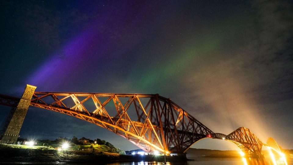 The aurora borealis, also known as the northern lights, above the Forth Bridge at North Queensferry.