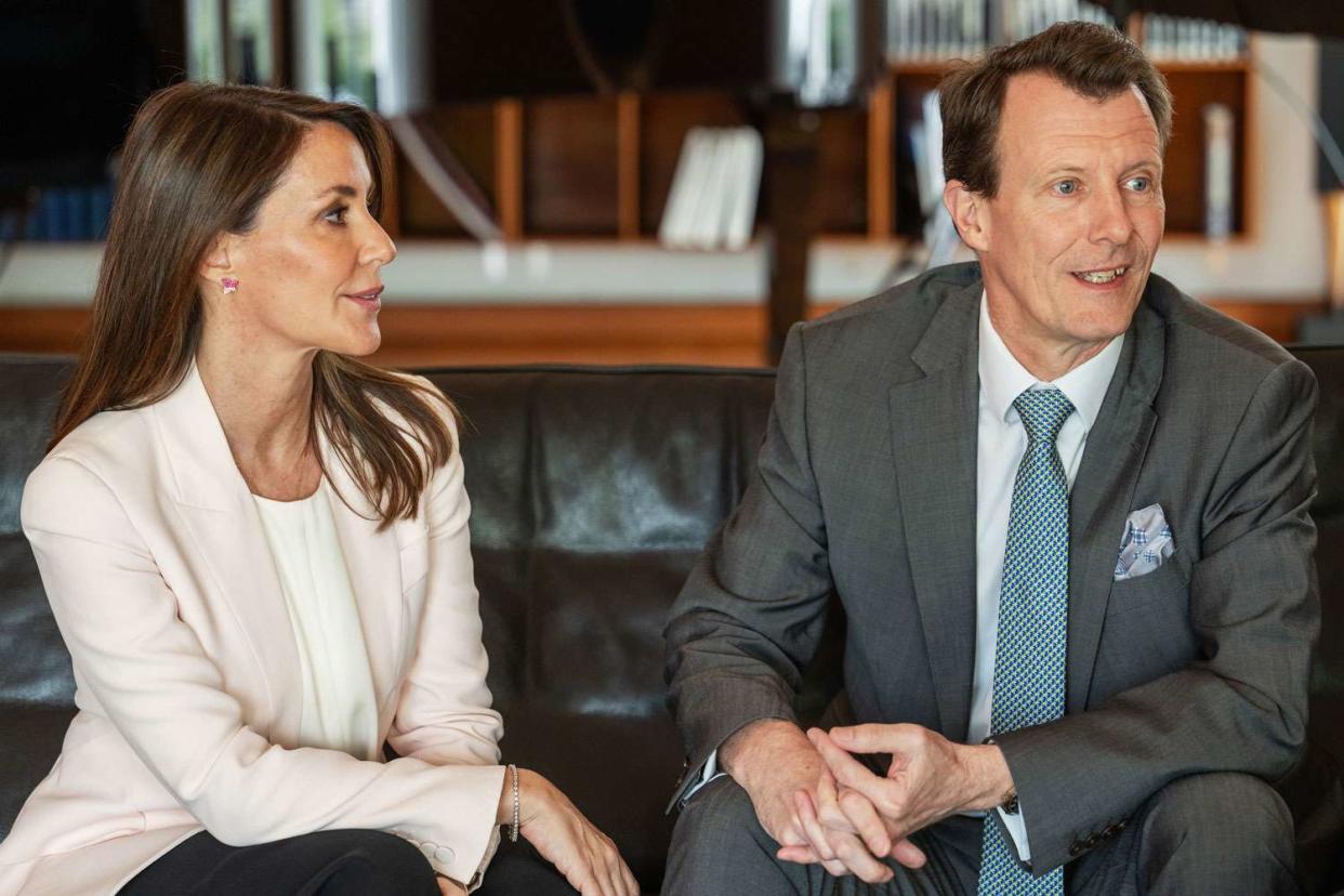 <p>Craig Hudson for The Washington Post via Getty</p> Princess Marie of Denmark and Prince Joachim of Denmark at the Embassy of Denmark in Washington, D.C. on March 19, 2024.