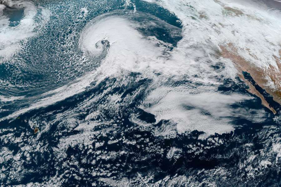 A satellite image shows a bomb cyclone over the Pacific Ocean on Jan. 3, 2023. (Image courtesy NOAA)
