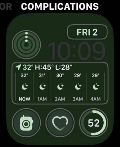 Screenshot of complications options with WatchOS 9 on Apple Watch Series 8.