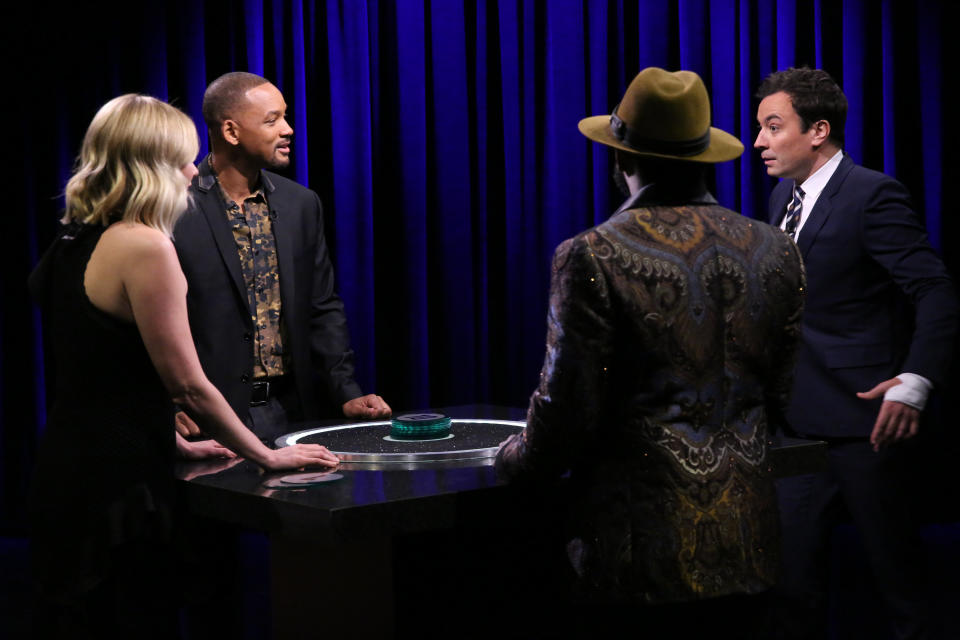 Actress Kirsten Dunst, Actor Will Smith, Tariq ?Black Thought? Trotter, and host Jimmy Fallon play Catchphrase. (Photo by: Douglas Gorenstein/NBC/NBCU Photo Bank via Getty Images)