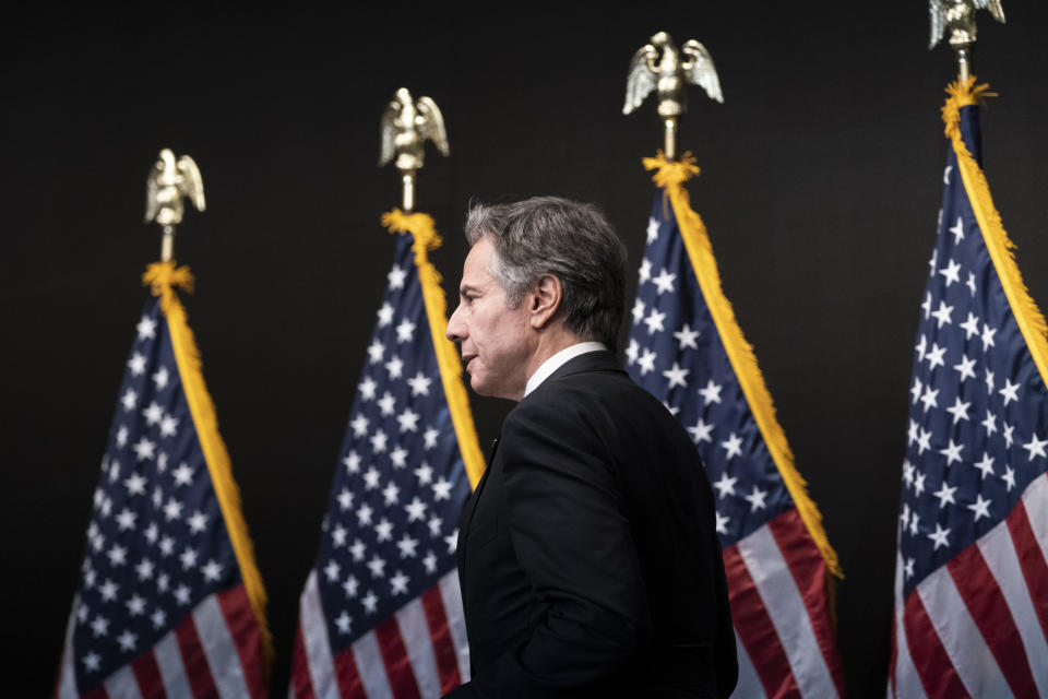 Secretary of State Antony Blinken arrives to speak with reporters during a media availability, Wednesday, May 26, 2021, in Amman, Jordan. (AP Photo/Alex Brandon, Pool)