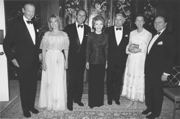 First lady Nancy Reagan (C) is pictured with (L to R) Kurt Waldheim, Dagmar Koller, Thomas Klestil, President Robert Graf, Edith Klestil, and Robert Jundbluth attend Washington's Kennedy Center on May 9, 1984, for the Vienna Volksoper. UPI File Photo