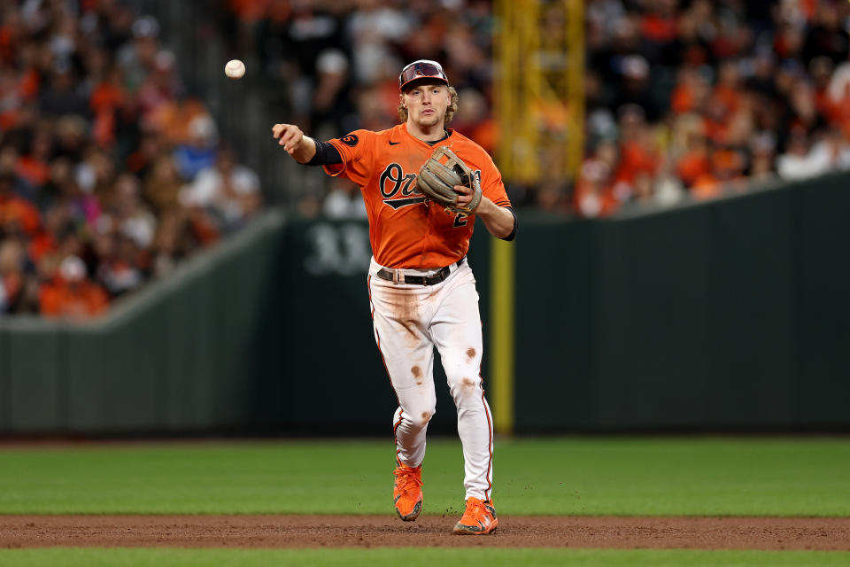 BALTIMORE, MARYLAND - OCTOBER 08: Gunnar Henderson #2 of the Baltimore Orioles makes a play against the Texas Rangers during the sixth inning in Game Two of the Division Series at Oriole Park at Camden Yards on October 08, 2023 in Baltimore, Maryland. (Photo by Patrick Smith/Getty Images)
