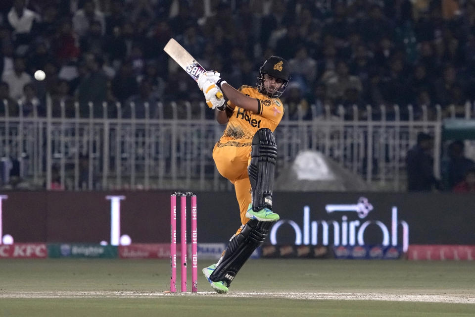 Multan Sultans' Saim Ayub plays a shot during the Pakistan Super League T20 cricket match between Multan Sultans and Peshawar Zalmi, in Rawalpindi, Pakistan, Tuesday, March 5, 2024. (AP Photo/Anjum Naveed)