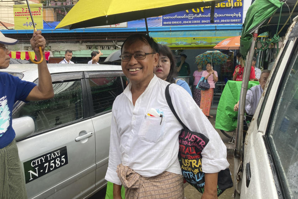 Maung Thar Cho, a prominent author, is seen after he released from Insein Prison Thursday, Nov. 17, 2022, in Yangon, Myanmar. The country's military-controlled government announced Thursday it was releasing and deporting an Australian academic, a Japanese filmmaker, an ex-British diplomat and an American as part of a broad prisoner amnesty to mark the country’s National Victory Day. (AP Photo)