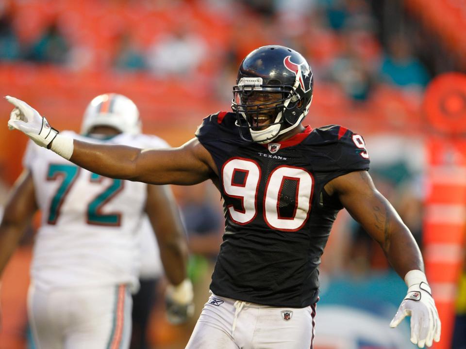 Mario Williams reacts after a play against the Miami Dolphins.