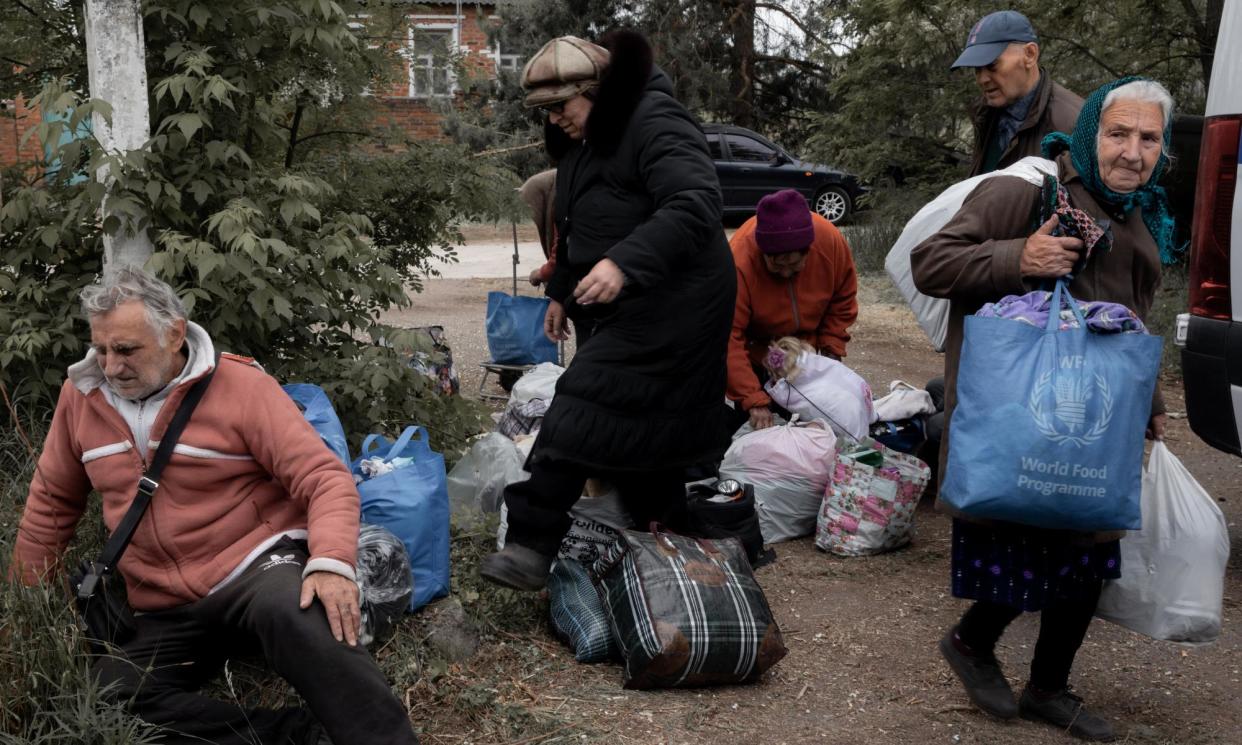 <span>Residents of Vovchansk and nearby villages arrive at the evacuation point, an undisclosed location in the Kharkiv region.</span><span>Photograph: Jędrzej Nowicki/The Guardian</span>