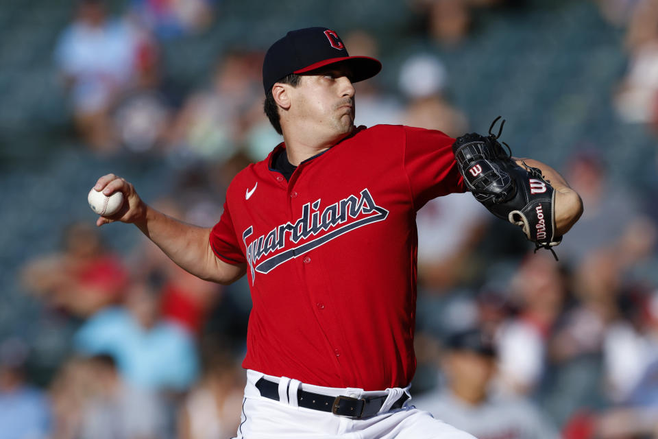 Cleveland Guardians starting pitcher Cal Quantrill throws to a Minnesota Twins batter during the first inning of a baseball game Wednesday, June 29, 2022, in Cleveland. (AP Photo/Ron Schwane)