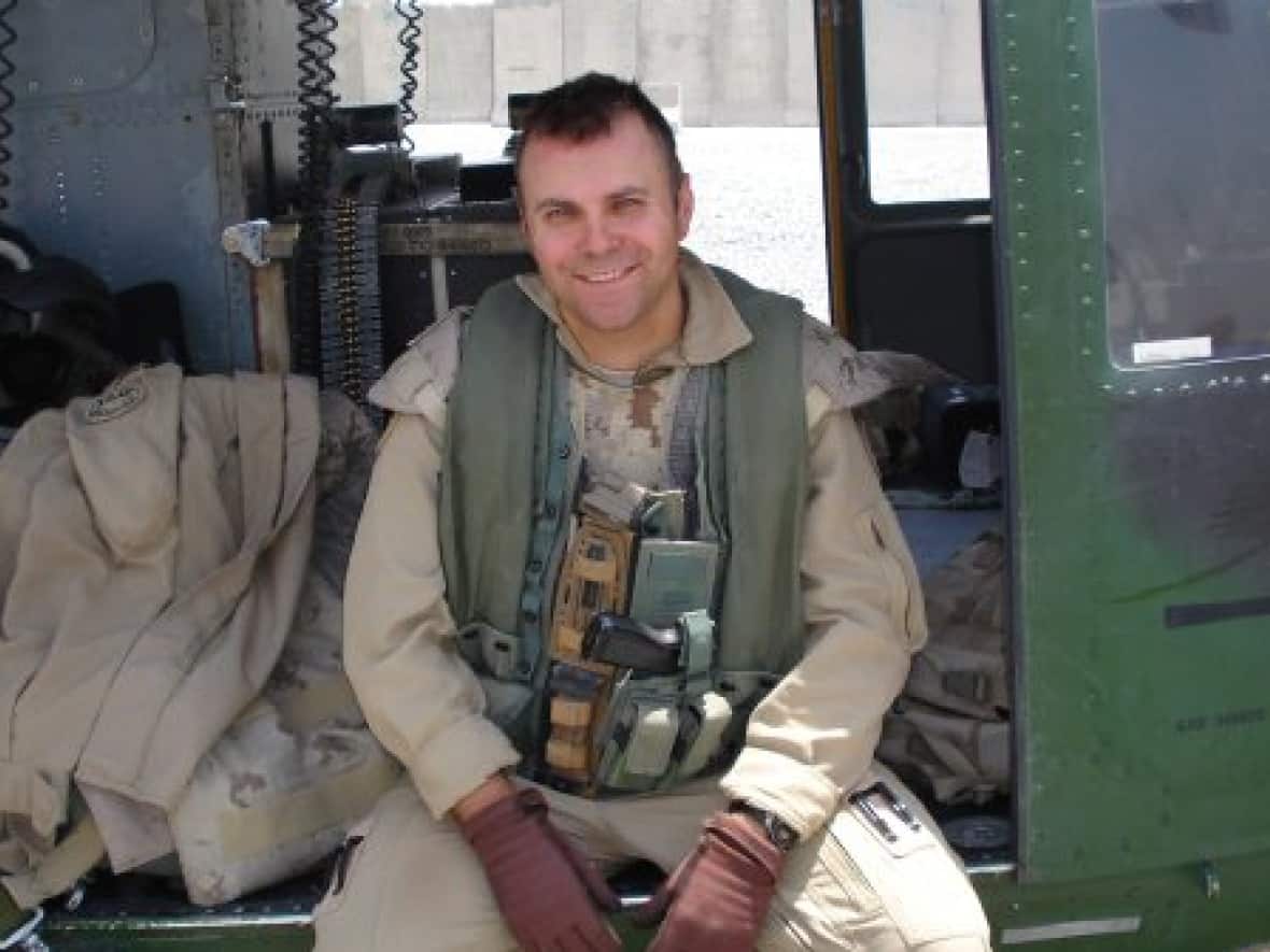 Maj. Cristian Hiestand in Afghanistan in 2010. The pilot instructor and Afghan war veteran took his own life in 2022, about six weeks after he was charged with sexual assault. (Submitted by Andrea Shorter - image credit)