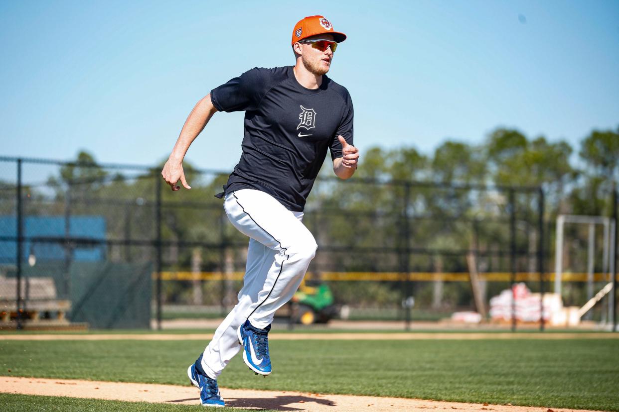 Detroit Tigers outfielder Parker Meadows practices during spring training at TigerTown in Lakeland, Fla. on Friday, Feb. 23, 2024.