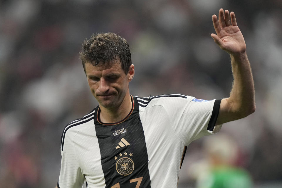 Germany's Thomas Mueller reacts during the World Cup group E soccer match between Costa Rica and Germany at the Al Bayt Stadium in Al Khor , Qatar, Thursday, Dec. 1, 2022. (AP Photo/Martin Meissner)