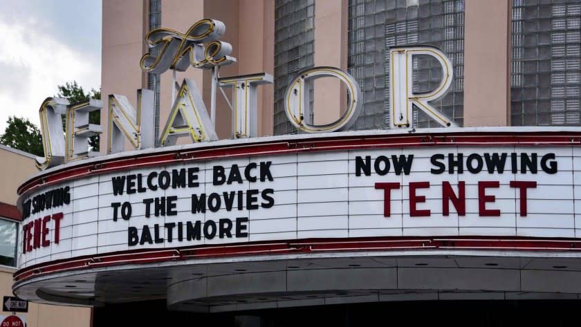 The Senator Theatre held its first showings in months on Friday, Sept. 4, 2020, in Baltimore. Movie theaters in the Baltimore area have finally reopened as the state movies into phase 3 of the coronavirus recovery plan. (Ulysses Muoz/The Baltimore Sun via AP)