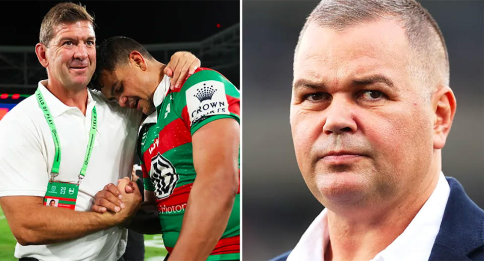 Pictured right is Manly coach Anthony Seibold and Jason Demetriou on left.