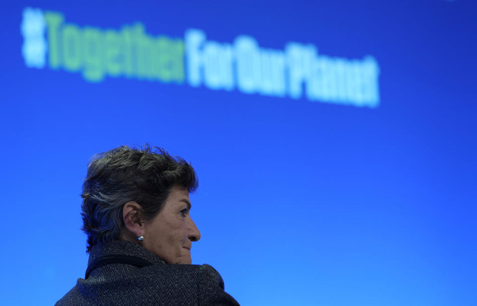 Christiana Figueres, former UN climate chief who led the 2015 Paris accord, speaks to The Associated Press in Glasgow, Scotland, Sunday, Oct. 31, 2021. The U.N. climate summit in Glasgow formally opens Sunday, a day before leaders from around the world gather in Scotland's biggest city to lay out their vision for addressing the common challenge of global warming. (AP Photo/Alastair Grant)