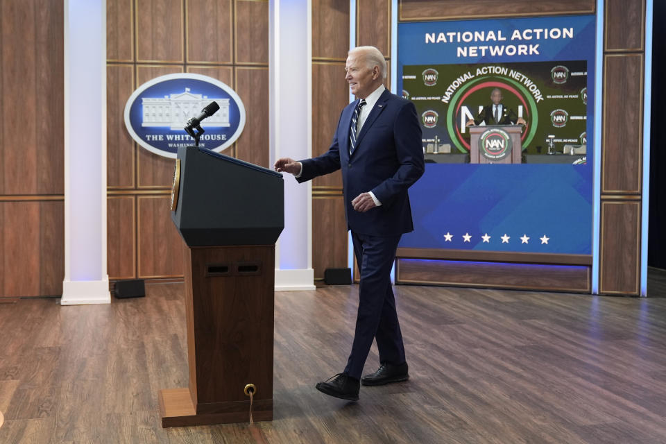 President Joe Biden prepares to speak to the National Action Network Convention remotely from the South Court Auditorium of the White House, Friday, April 12, 2024, in Washington. (AP Photo/Alex Brandon)