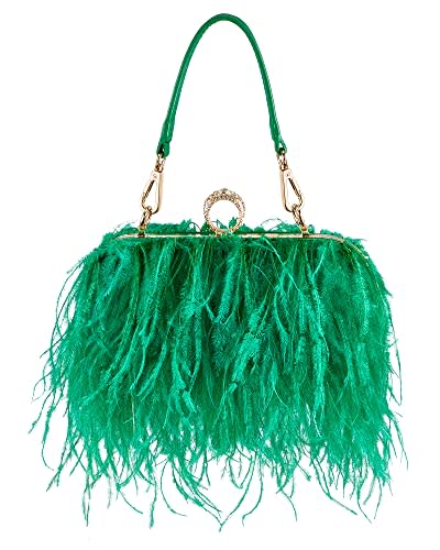 Women Ostrich Feather Tote Bag Fluffy Purse Clutch Feather Evening Handbag for Wedding Anniversary Party (Green)