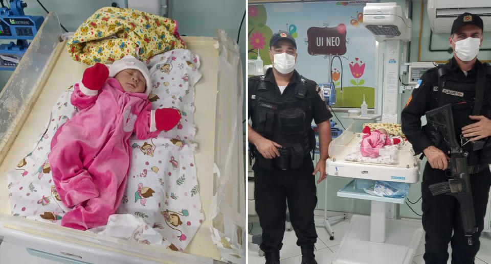 SWAT cops protect the baby's crib in hospital.