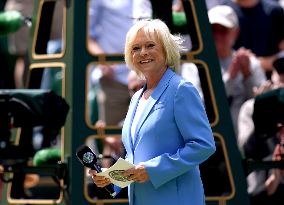 Sue Barker on centre court during day seven of the 2022 Wimbledon Championships at the All England Lawn Tennis and Croquet Club, Wimbledon. Picture date: Sunday July 3, 2022.