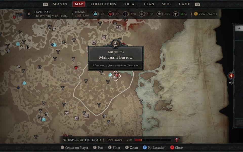 Image showing Map location of Malignant Burrow where you can summon Varshan in Diablo 4