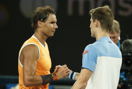 Tennis - Australian Open - Second Round - Melbourne Park, Melbourne, Australia, January 16, 2019. Spain's Rafael Nadal shake hands with Australia's Matthew Ebden after the match. REUTERS/Edgar Su