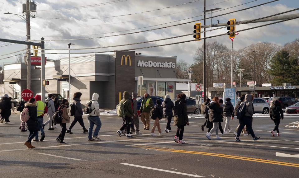 Brockton High School students get out of school on Monday, Jan. 8, 2024