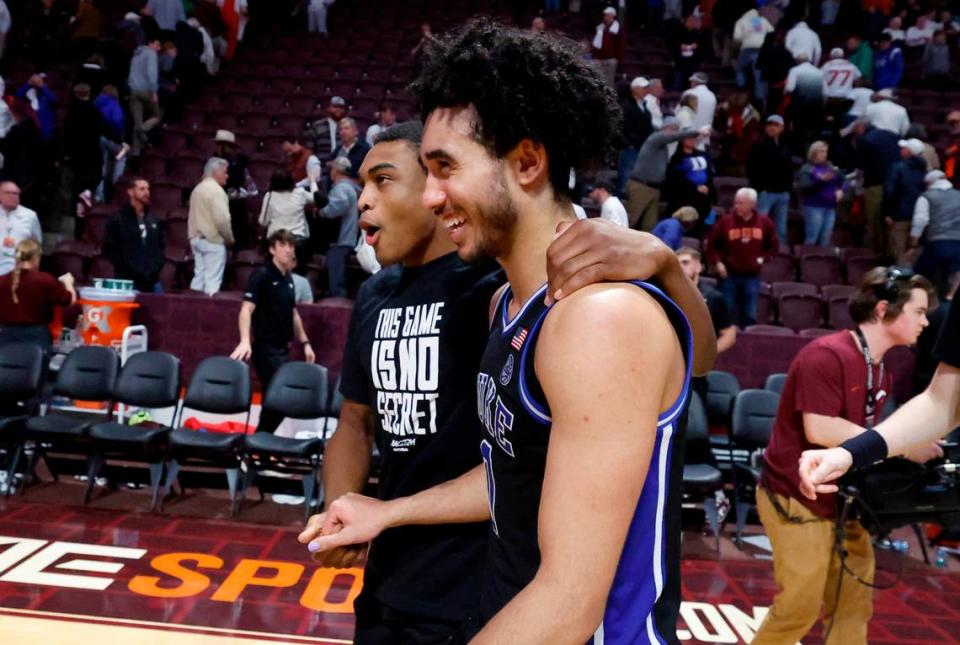 Duke’s Jaylen Blakes, left, and Jared McCain laugh as they walk off the court after Duke’s 77-67 victory over Virginia Tech at Cassell Coliseum in Blacksburg, Va., Monday, Jan. 29, 2024. Ethan Hyman/ehyman@newsobserver.com