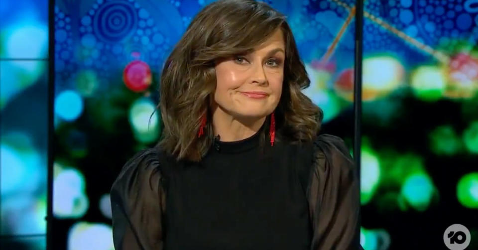 Lisa Wilkinson wearing a black top and red earrings on The Project on July 8, 2021