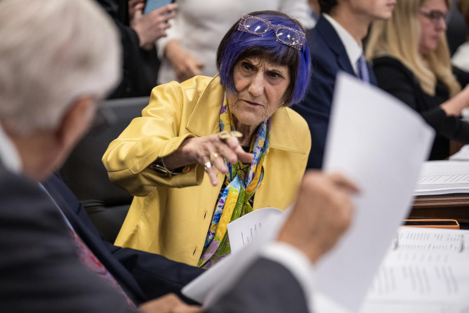 UNITED STATES - JUNE 14: Ranking member Rep. Rosa DeLauro, D-Conn., talks with Rep. Steny Hoyer, D-Md., during the House Appropriations Committee markup of 