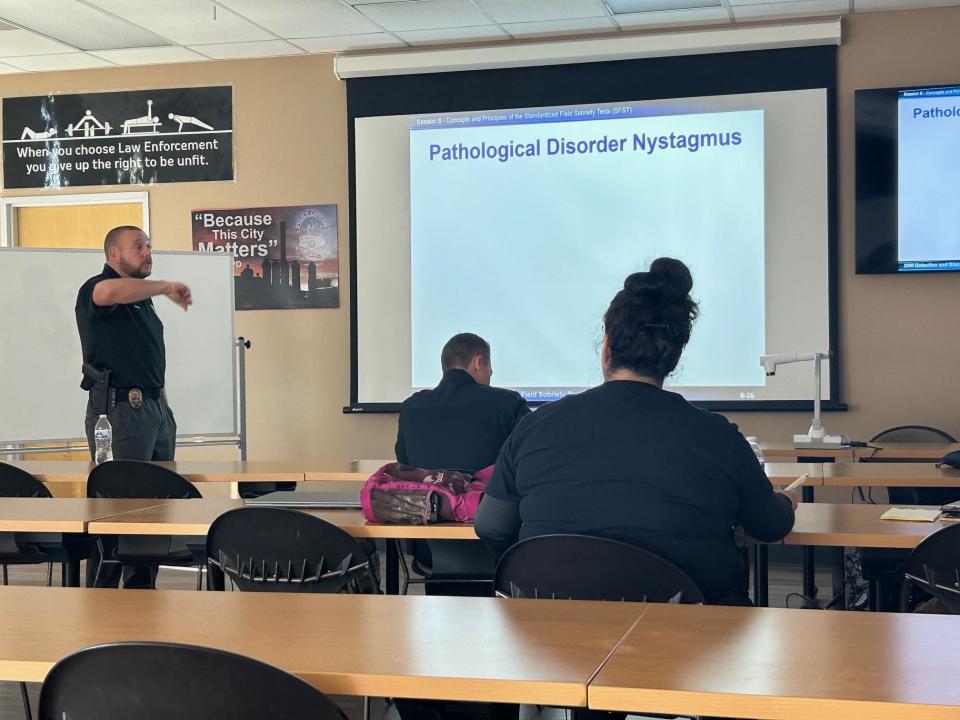 Detective Chris Timme lectures on field sobriety testing during a Pueblo police academy class on Feb. 27, 2024.