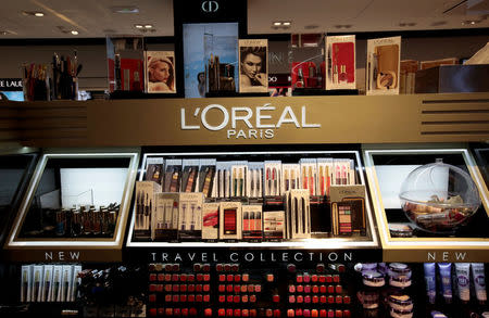 FILE PHOTO: A cosmetic display of French cosmetics group L'Oreal is seen during the inauguration of the commercial zone at the Nice international airport Terminal 1 in Nice, France, June 10, 2016. REUTERS/Eric Gaillard/File Photo