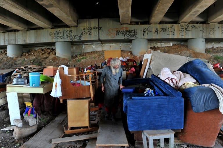 A homeless Greek pensioner who has been living under a highway in Thessaloniki since 2011