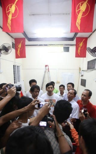 Myanmar 88 Generation student Leader Min Ko Naing (centre) speaks in Yangon after 20 students were detained ahead of Saturday's commemoration of a brutal 1962 suppression of a student movement, sparking fears authorities had taken a backward step from tentative reforms which have seen the international community ease some sanctions on the formerly army-ruled nation